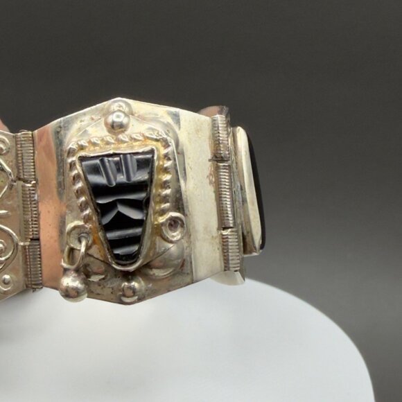 Vintage Estate Sterling Silver Black Onyx Bracelet Mask Tribal Face Panel Taxco - Picture 4 of 13